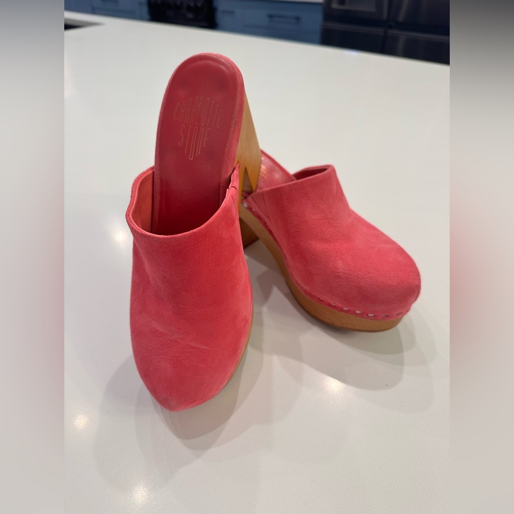 Charlotte Stone Coral Suede Mules with Wood Platform